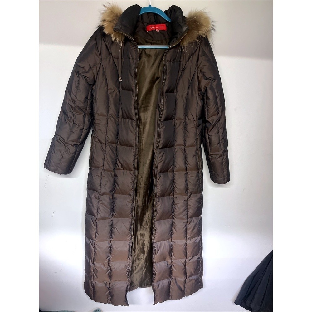 Anne Klein Down Maxi Puffer Coat Womens M Espresso Brown Raccoon Fur Hood Winter